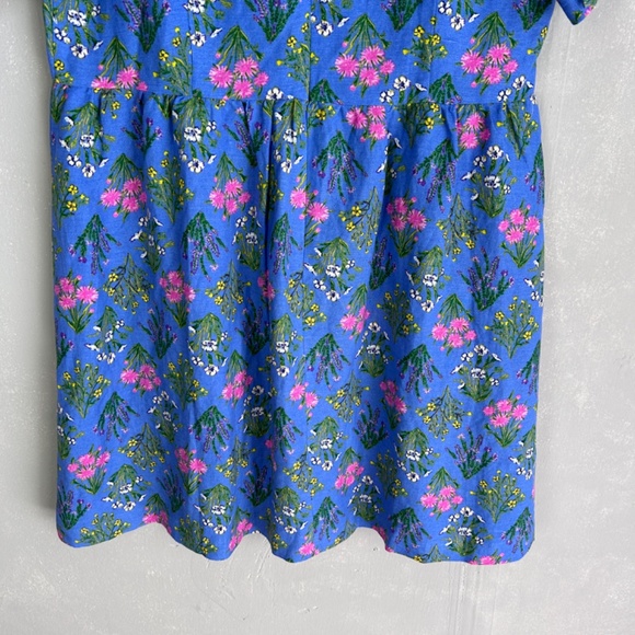 LOFT size 10 U neck puff sleeve short dress fit & flare blue floral linen blend - Picture 7 of 13